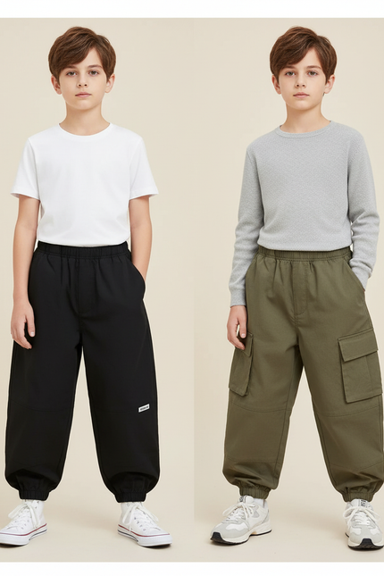 Pantalon Parachute Kaki Noir Ample Cargo Garçon Moderne - Toile