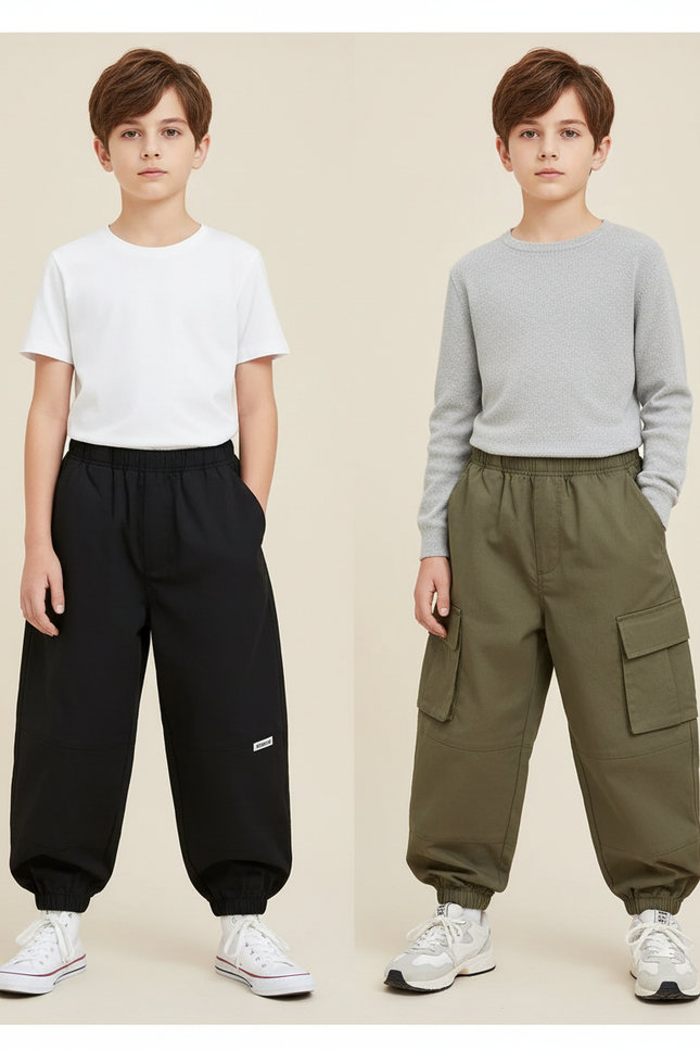 Pantalon Parachute Kaki Noir Ample Cargo Garçon Moderne - Toile