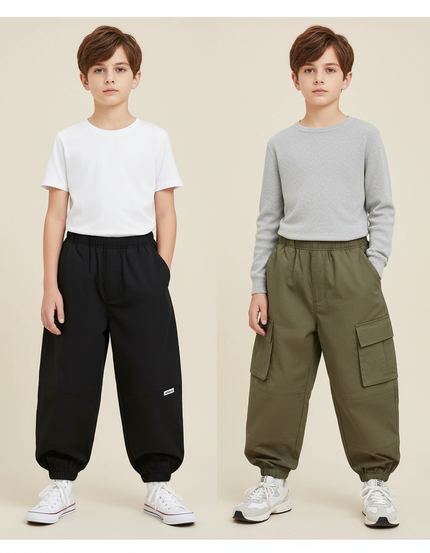 Pantalon Parachute Kaki Noir Ample Cargo Garçon Moderne - Toile