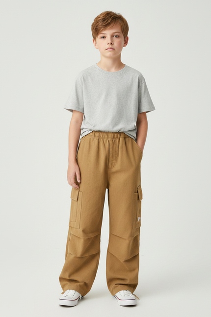 Pantalon Parachute Marron Ample Coton Cargo Garçon