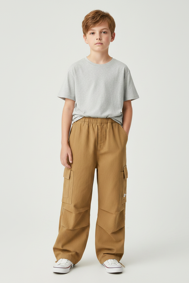 Pantalon Parachute Marron Ample Coton Cargo Garçon