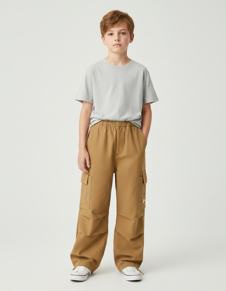 Pantalon Parachute Marron Ample Coton Cargo Garçon