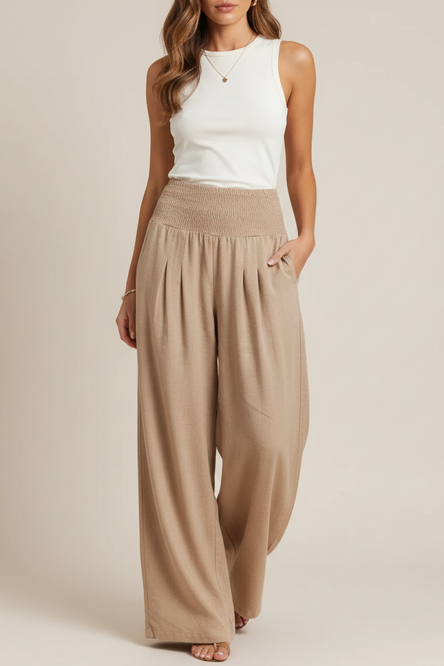 Pantalon Parachute Beige Ample Smocké Plissé Lin Femme
