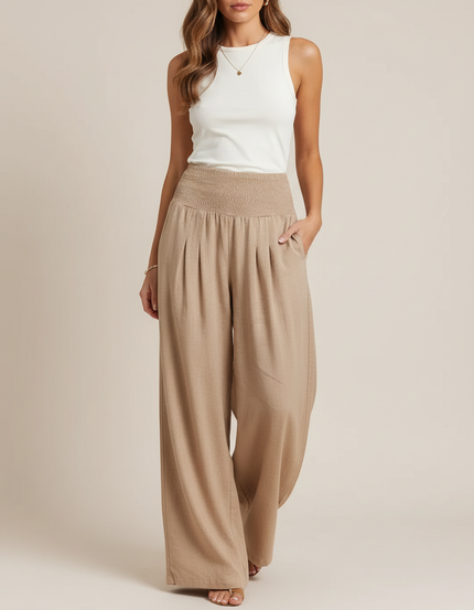 Pantalon Parachute Beige Ample Smocké Plissé Lin Femme