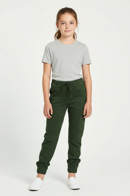 Pantalon Parachute Vert Kaki Cargo Coton Fille