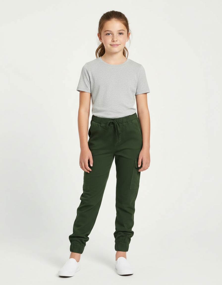 Pantalon Parachute Vert Kaki Cargo Coton Fille