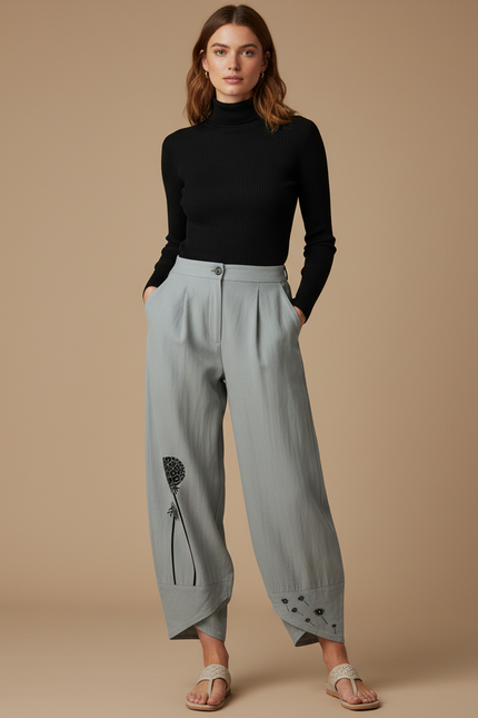 Pantalon Parachute Gris Ample Motif Floral Fluide - Lin