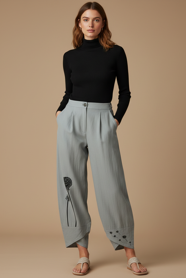 Pantalon Parachute Gris Ample Motif Floral Fluide - Lin