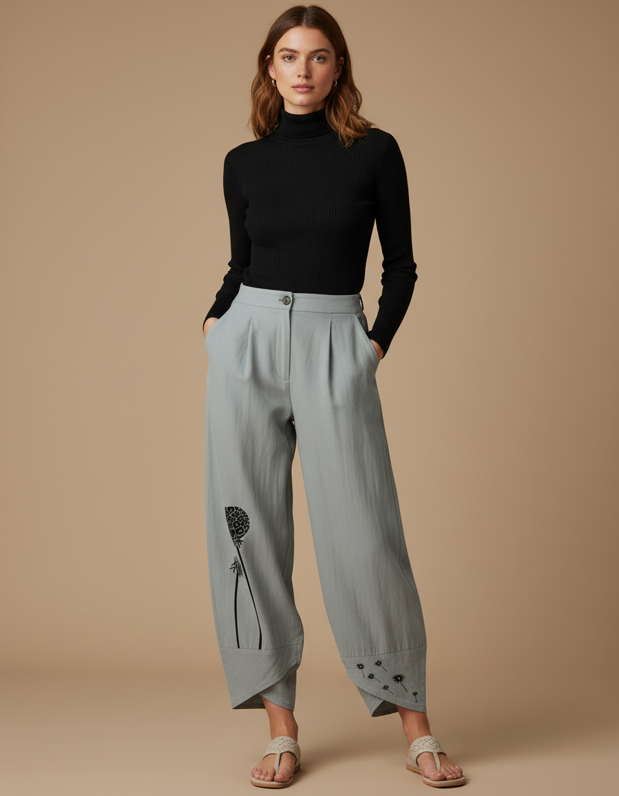 Pantalon Parachute Gris Ample Motif Floral Fluide - Lin