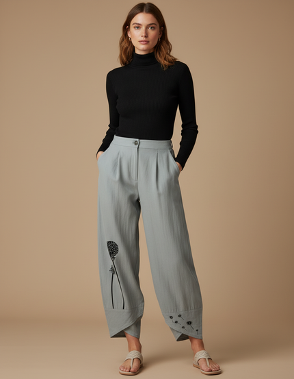 Pantalon Parachute Gris Ample Motif Floral Fluide - Lin