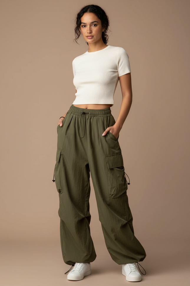 Pantalon Parachute Kaki Cargo Ample Femme Streetwear - Polyester