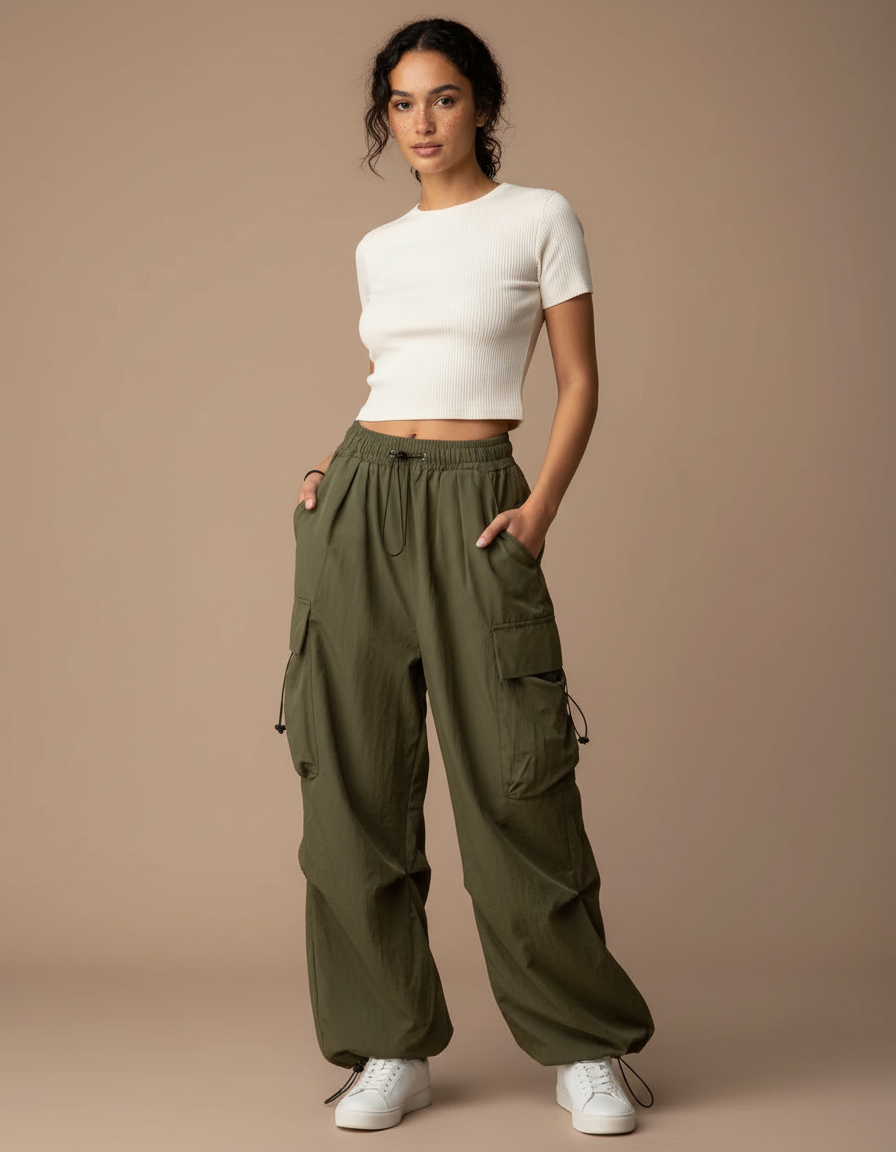 Pantalon Parachute Kaki Cargo Ample Femme Streetwear - Polyester