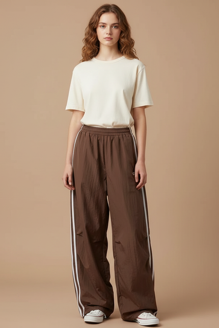 Pantalon Parachute Marron Ample Rayures Blanches Fluide - Polyester