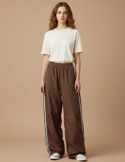 Pantalon Parachute Marron Ample Rayures Blanches Fluide - Polyester