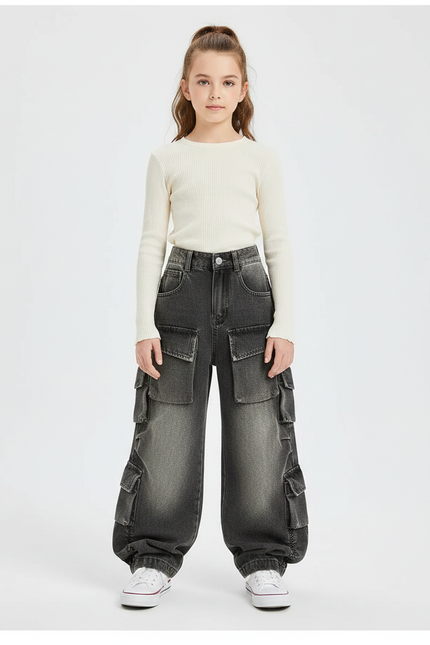 Pantalon Parachute Gris Délavé Cargo Ample Enfant - Jean