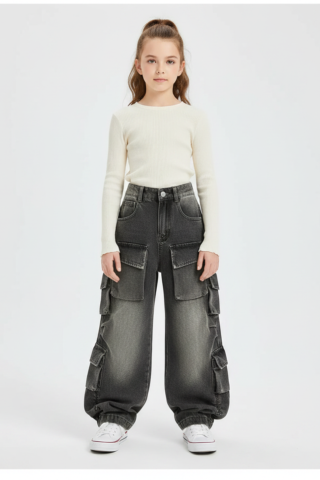 Pantalon Parachute Gris Délavé Cargo Ample Enfant - Jean