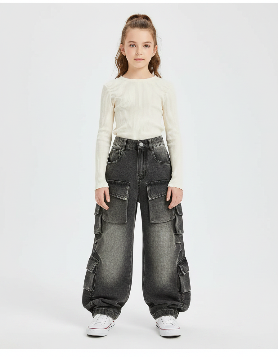 Pantalon Parachute Gris Délavé Cargo Ample Enfant - Jean