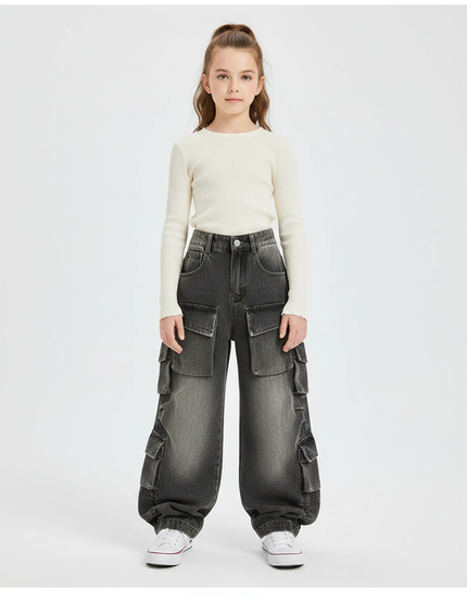 Pantalon Parachute Gris Délavé Cargo Ample Enfant - Jean