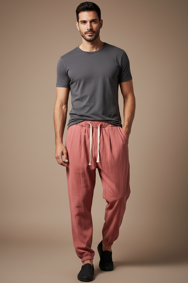 Pantalon Parachute Rouge Brique Lin Ample Décontracté Homme