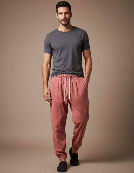 Pantalon Parachute Rouge Brique Lin Ample Décontracté Homme