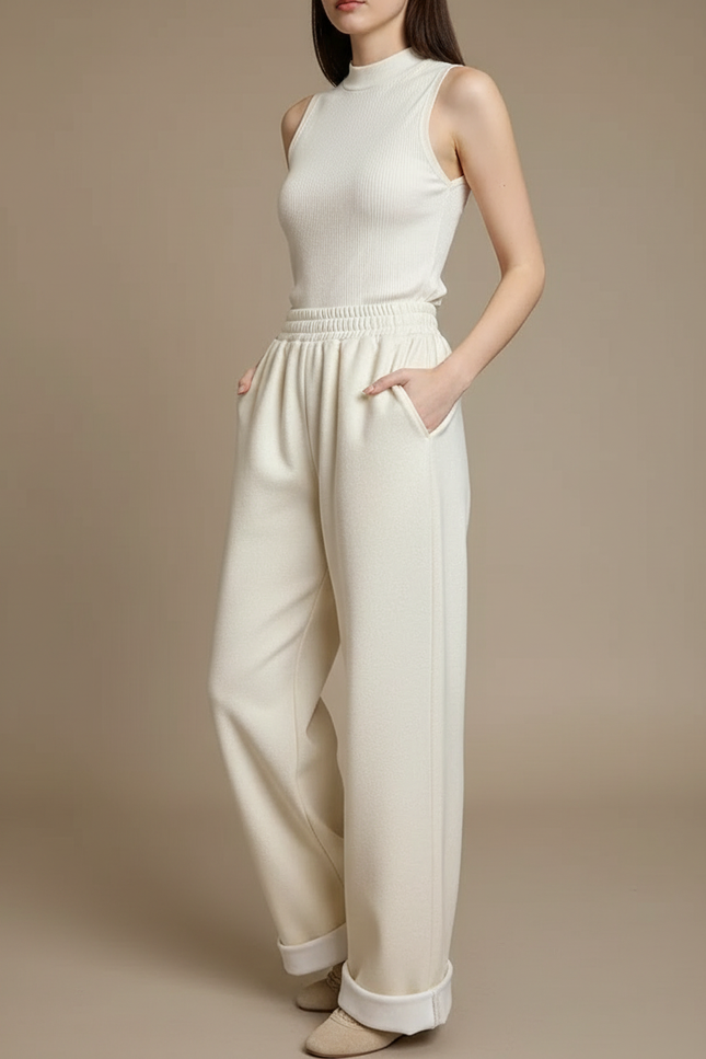 Pantalon Parachute Crème Ample Laine Droit Doux - Beige Molleton