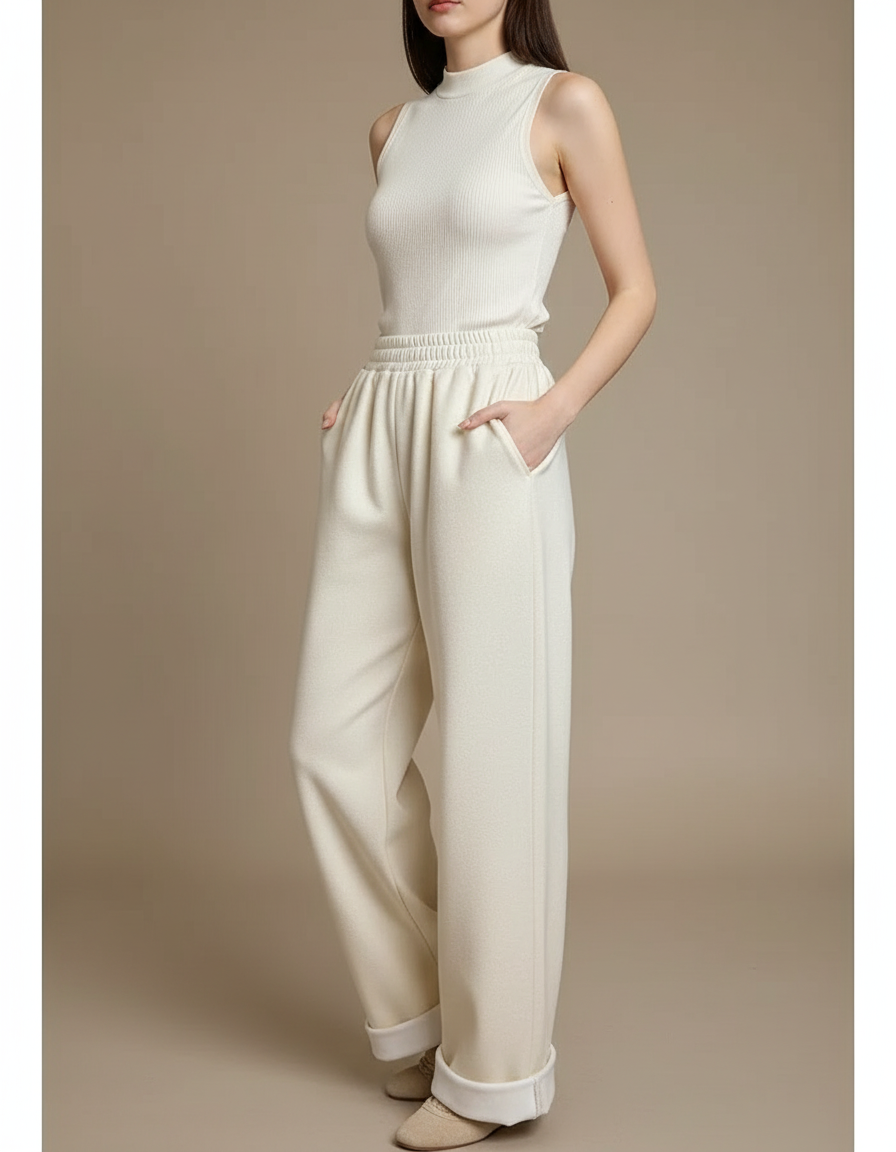 Pantalon Parachute Crème Ample Laine Droit Doux - Beige Molleton