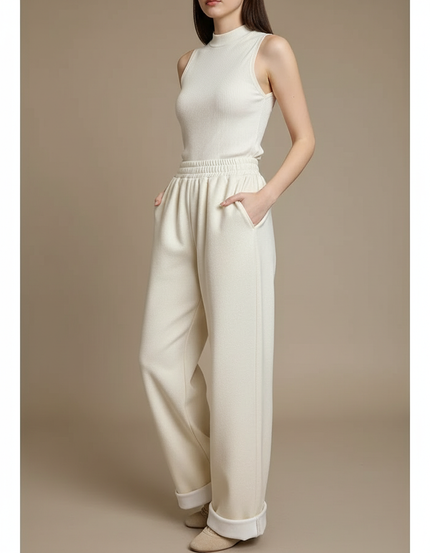 Pantalon Parachute Crème Ample Laine Droit Doux - Beige Molleton