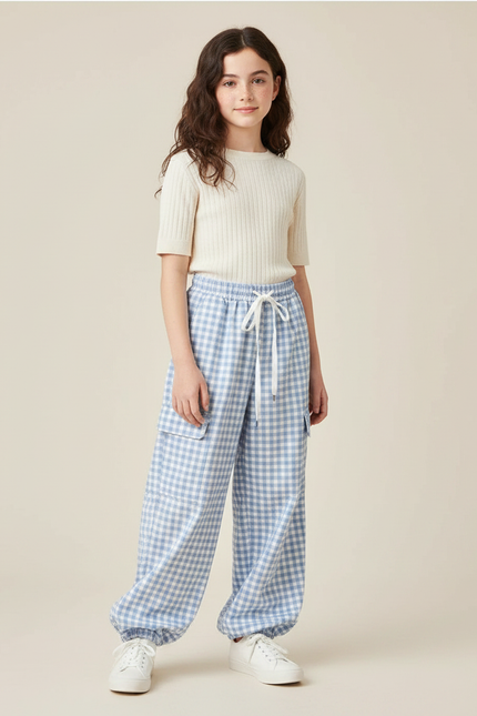 Pantalon Parachute Vichy Bleu Ample Fille Décontracté - Coton