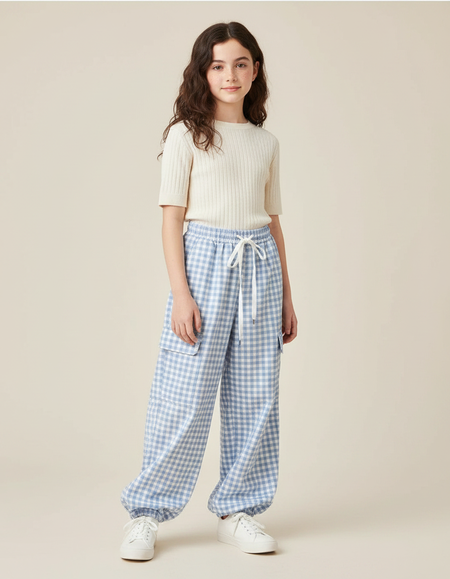 Pantalon Parachute Vichy Bleu Ample Fille Décontracté - Coton