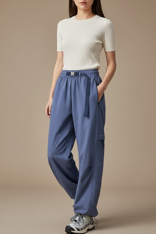 Pantalon Parachute Bleu Ample Ceinture Sport Femme - Polyester