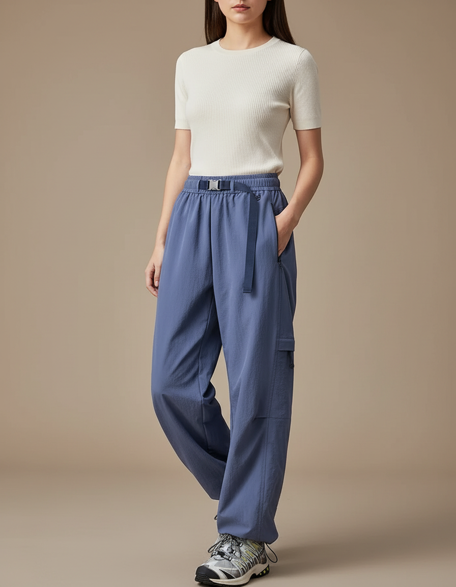 Pantalon Parachute Bleu Ample Ceinture Sport Femme - Polyester