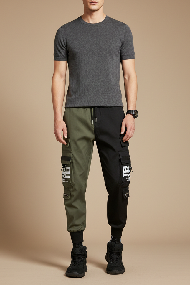 Pantalon Parachute Bicolore Cargo Streetwear Imprimé Cordon Homme - Multicolore Polyester