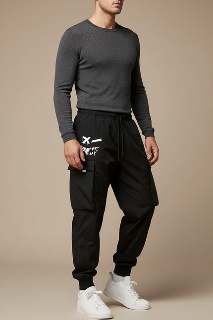 Pantalon Parachute Noir Cargo Ample Graphique Homme - Polyester