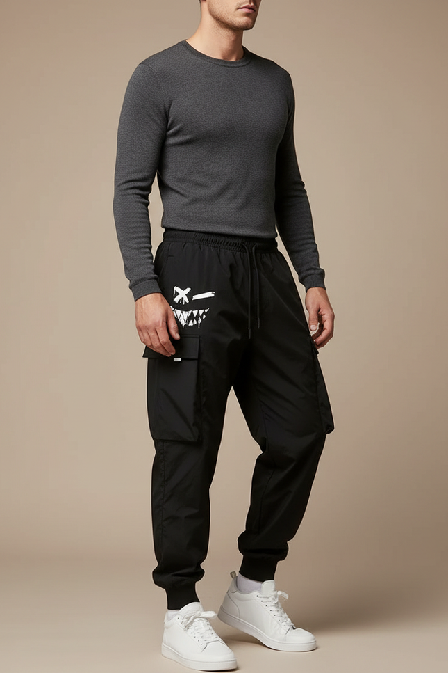 Pantalon Parachute Noir Cargo Ample Graphique Homme - Polyester