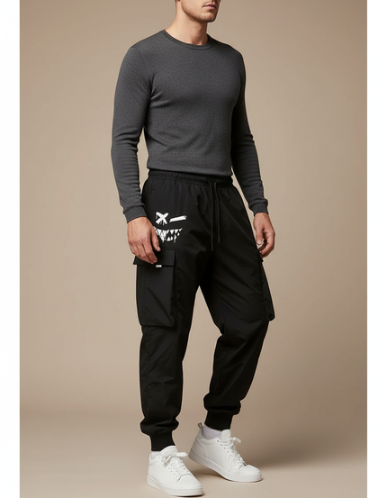 Pantalon Parachute Noir Cargo Ample Graphique Homme - Polyester