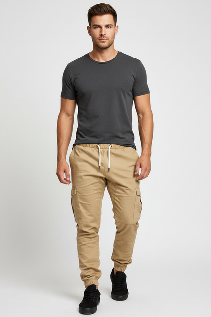 Pantalon Parachute Kaki Cargo Jogger Coton Homme