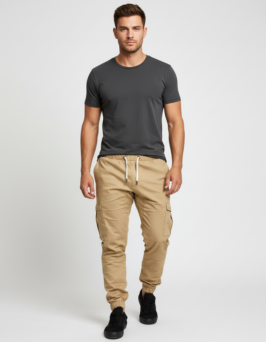 Pantalon Parachute Kaki Cargo Jogger Coton Homme
