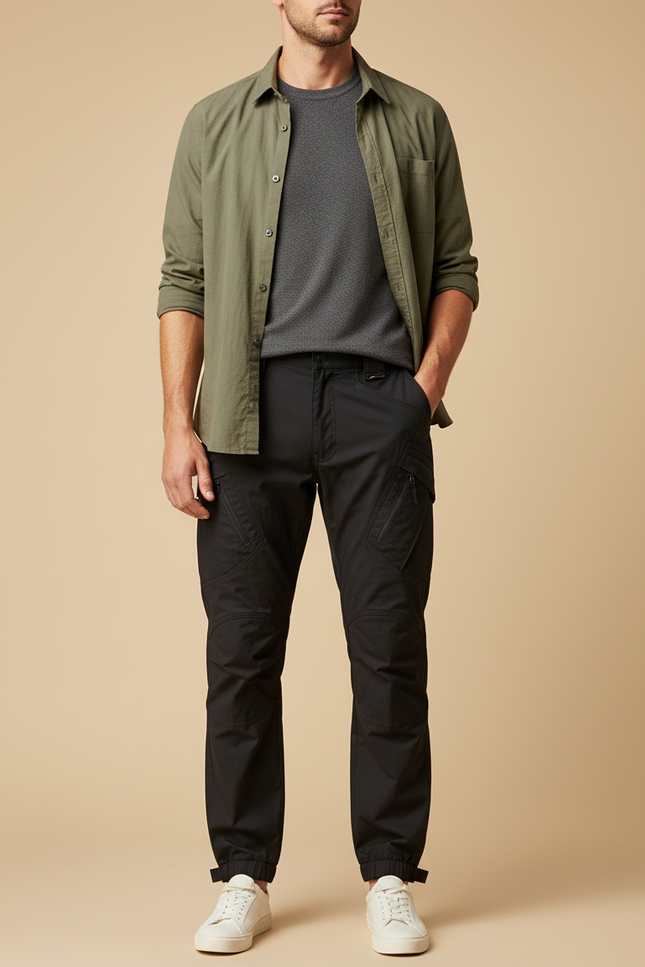 Pantalon Parachute Noir Cargo Homme Décontracté Léger - Polyester