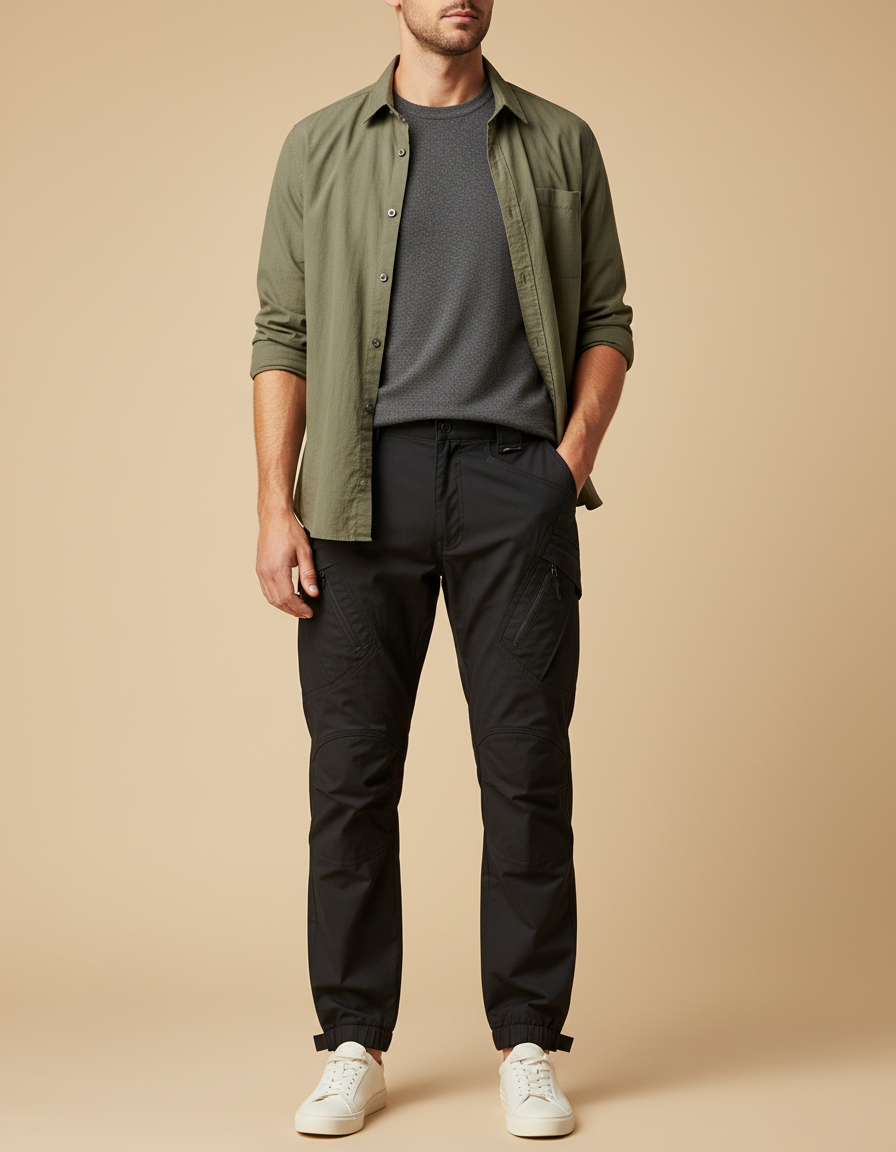 Pantalon Parachute Noir Cargo Homme Décontracté Léger - Polyester