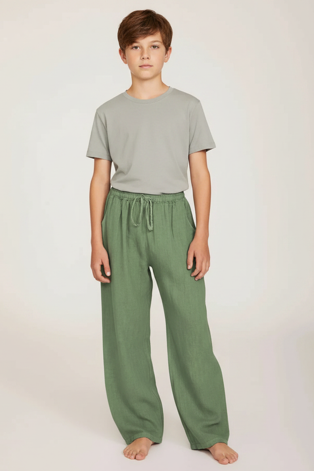 Pantalon Parachute Lin Vert Ample Décontracté Garçon