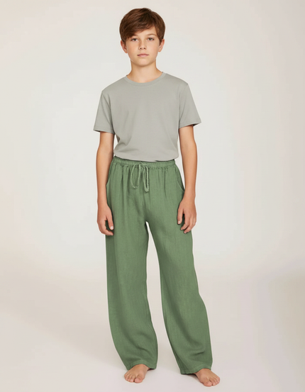 Pantalon Parachute Lin Vert Ample Décontracté Garçon