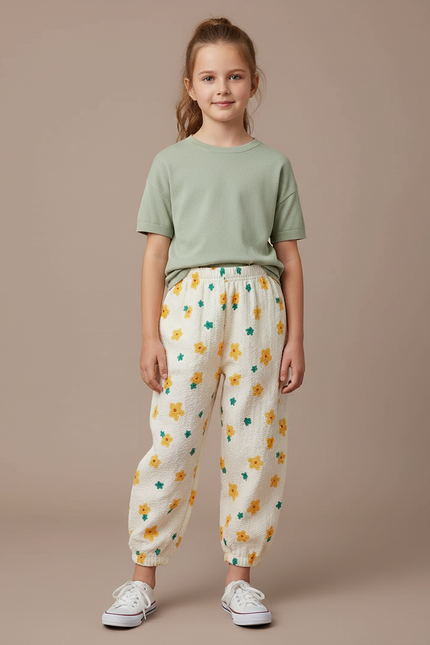 Pantalon Parachute Crème Fleuri Ample Enfant Léger - Blanc Coton