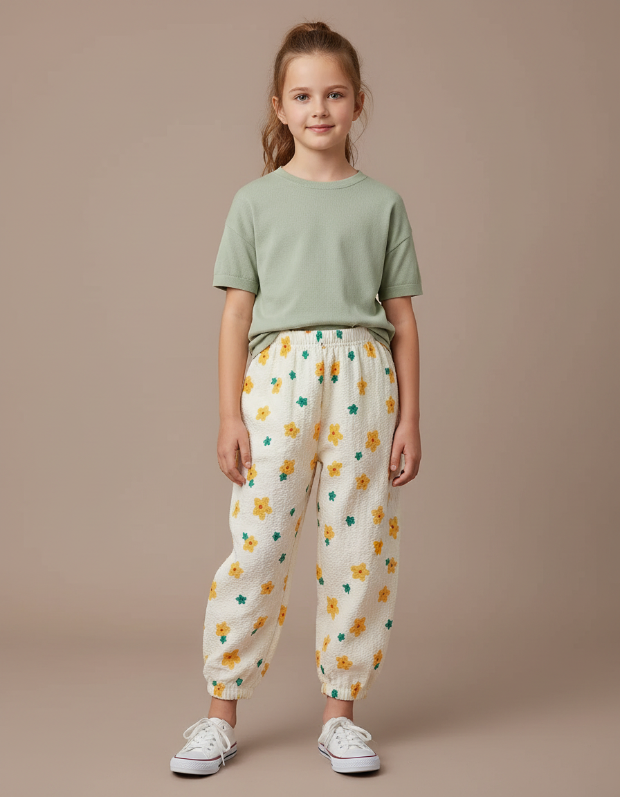 Pantalon Parachute Crème Fleuri Ample Enfant Léger - Blanc Coton