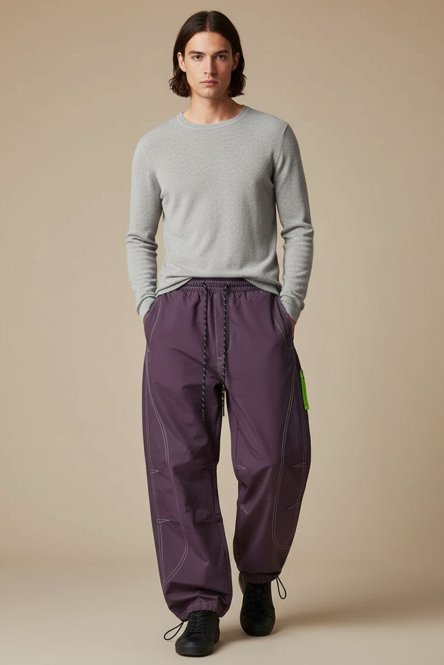 Pantalon Parachute Violet Ample Décontracté Cordon Homme - Polyester