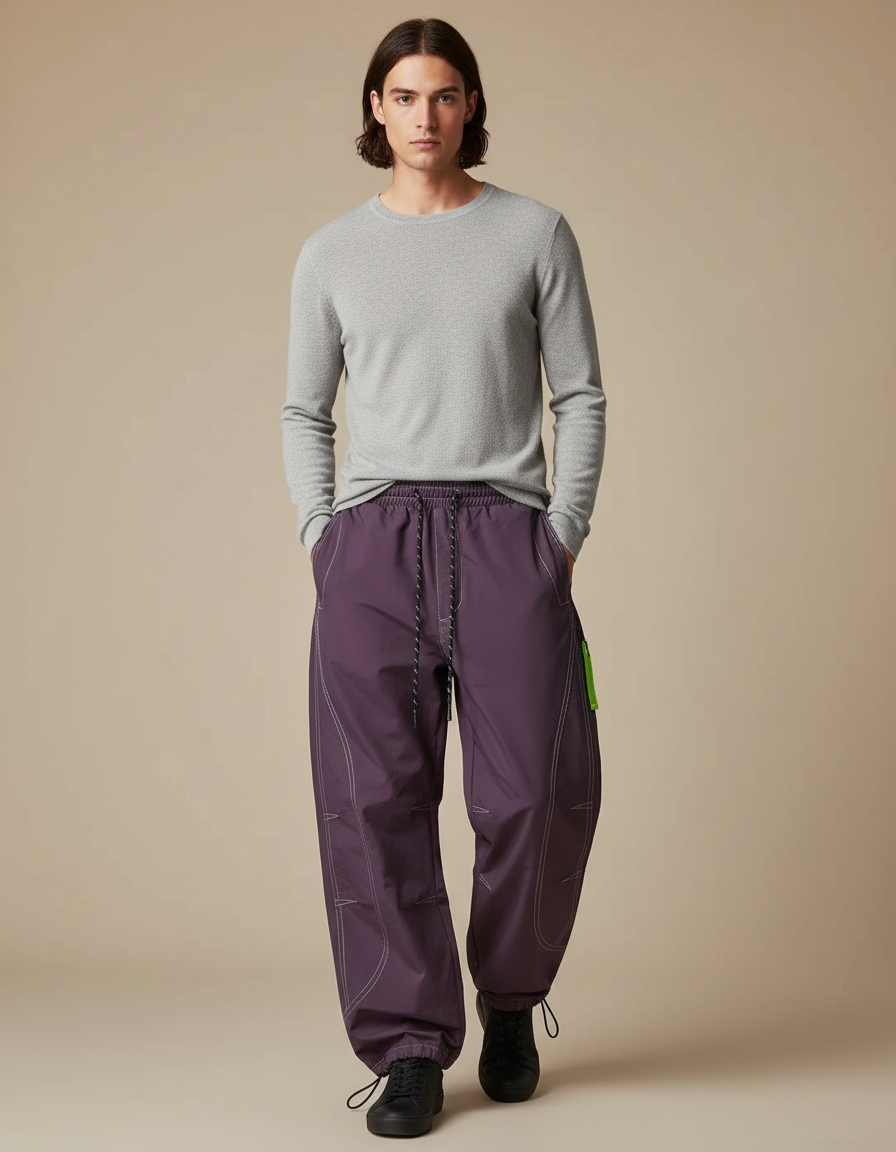 Pantalon Parachute Violet Ample Décontracté Cordon Homme - Polyester