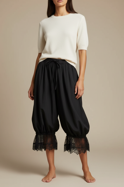 Pantalon Parachute Noir Ample Dentelle Fluide - Polyester