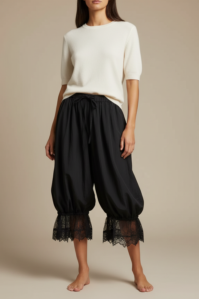 Pantalon Parachute Noir Ample Dentelle Fluide - Polyester
