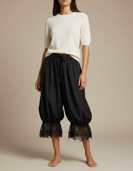 Pantalon Parachute Noir Ample Dentelle Fluide - Polyester