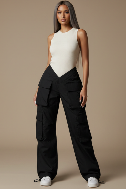 Pantalon Parachute Noir Cargo Ample Multipoches Taille Basse - Polyester