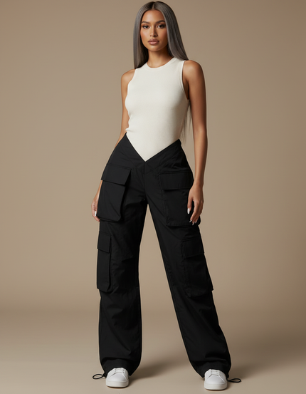 Pantalon Parachute Noir Cargo Ample Multipoches Taille Basse - Polyester